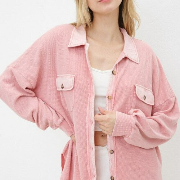 Not Your Boyfriend's Textured Knit Shirt Jacket in Rose - Picture 1 of 4